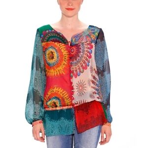 Desigual Mixed Print Sheer Button Front Blouse Top Shirt Long Sleeve Sz Large